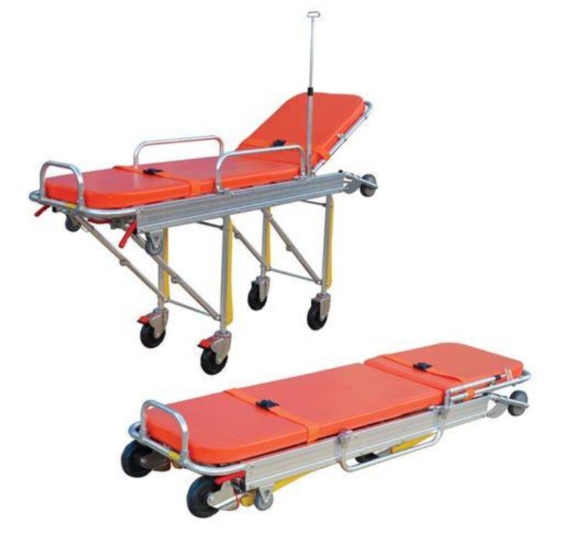 One-man ambulance stretcher with adjustable backrest and safety straps